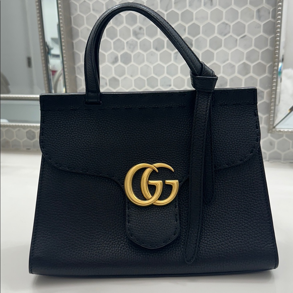 Gucci Black Leather Top-Handle Satchel with Gold Double G Hardware